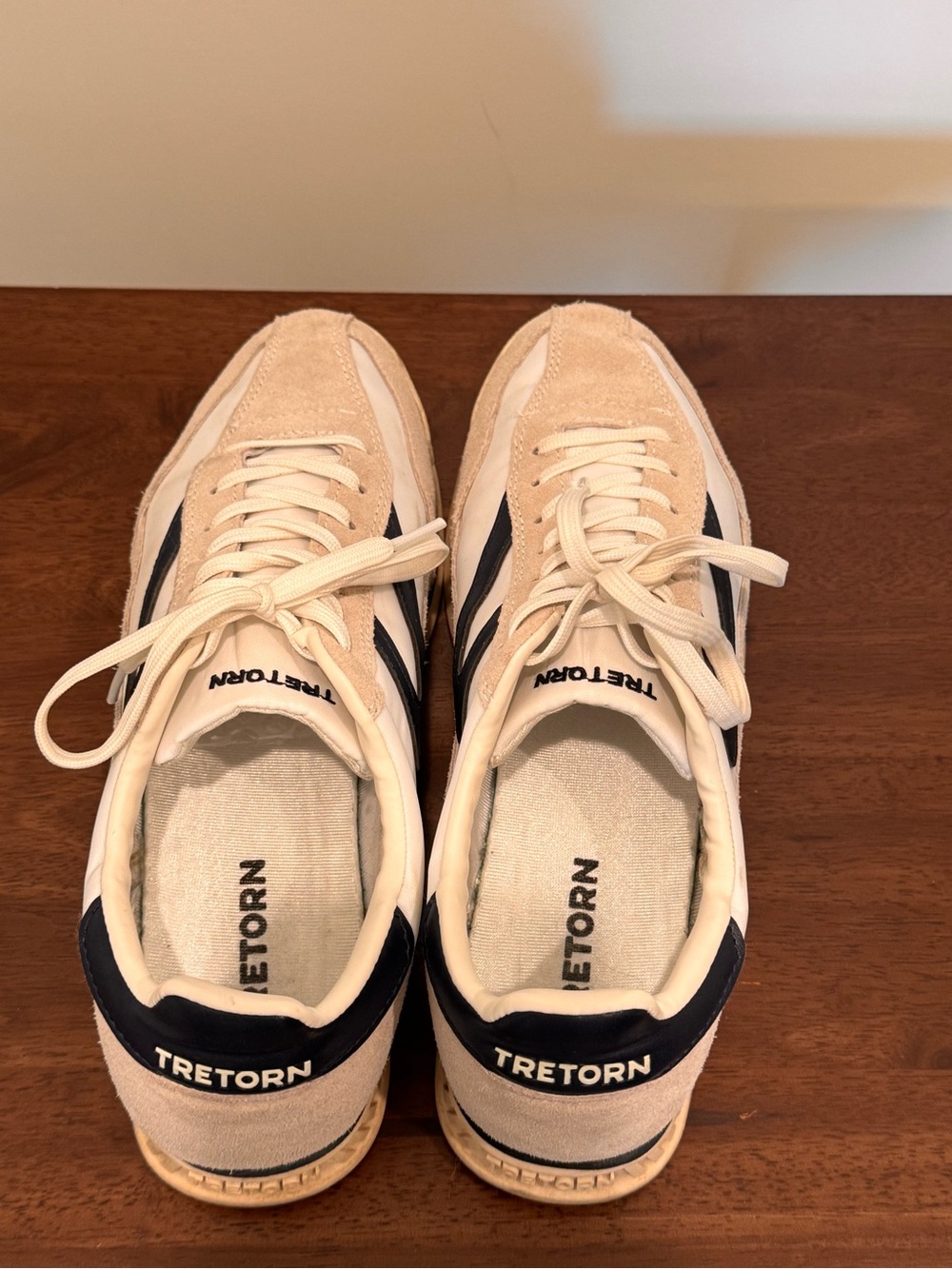 Tretorn Cream Suede Sneakers with Navy Heel Tab